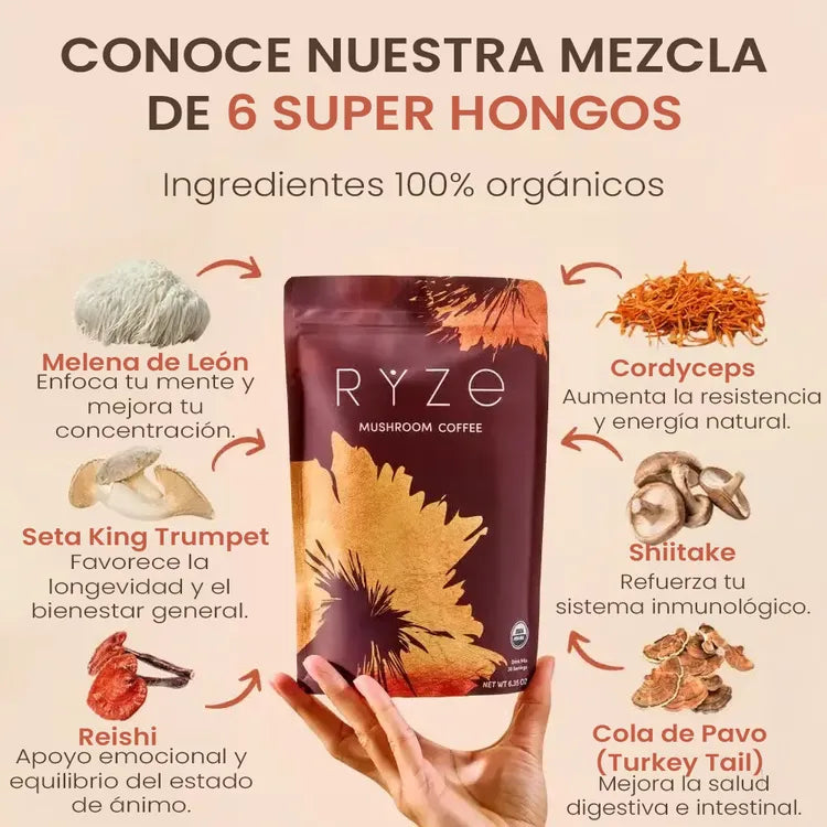 RYZE CAFE DE HONGO REDUCE ESTRES Y ANSIEDAD